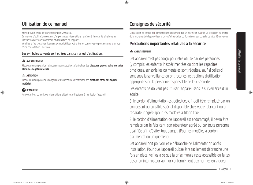 Samsung NV75K5571RM/EF manual Utilisation de ce manuel, Consignes de sécurité, Français  